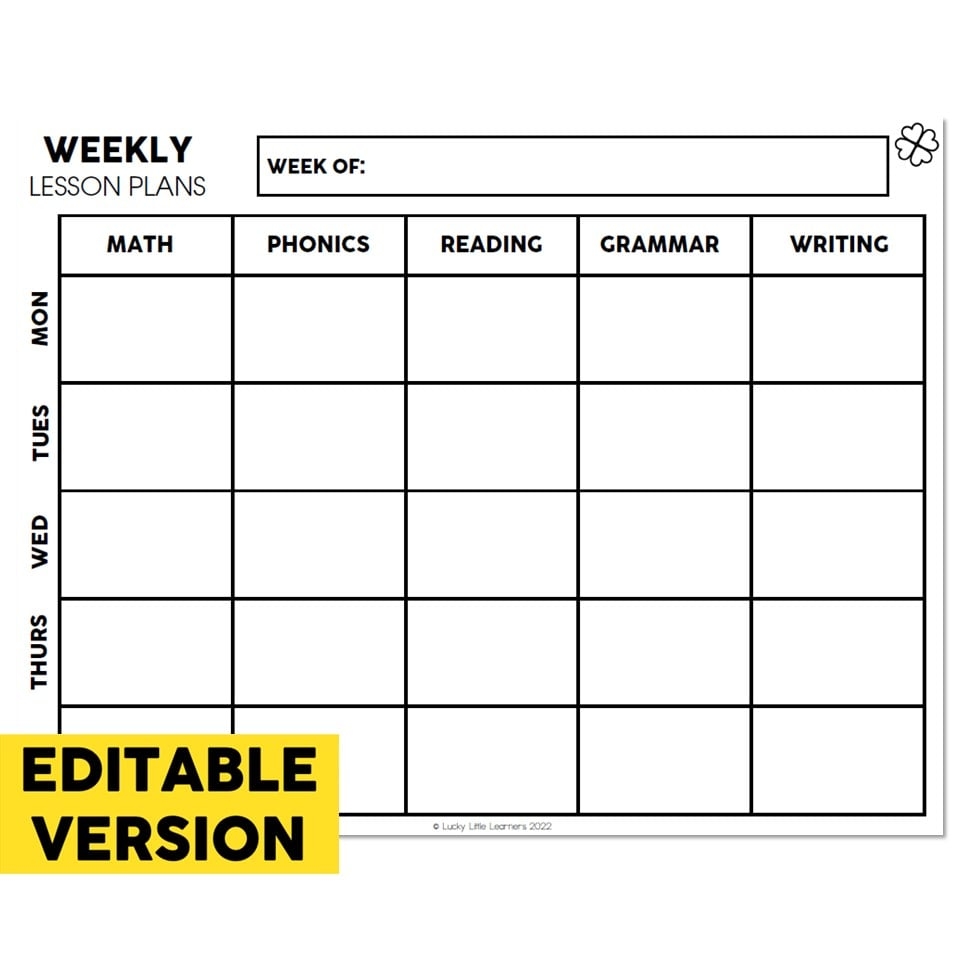 Blank Printable Weekly Lesson Plan