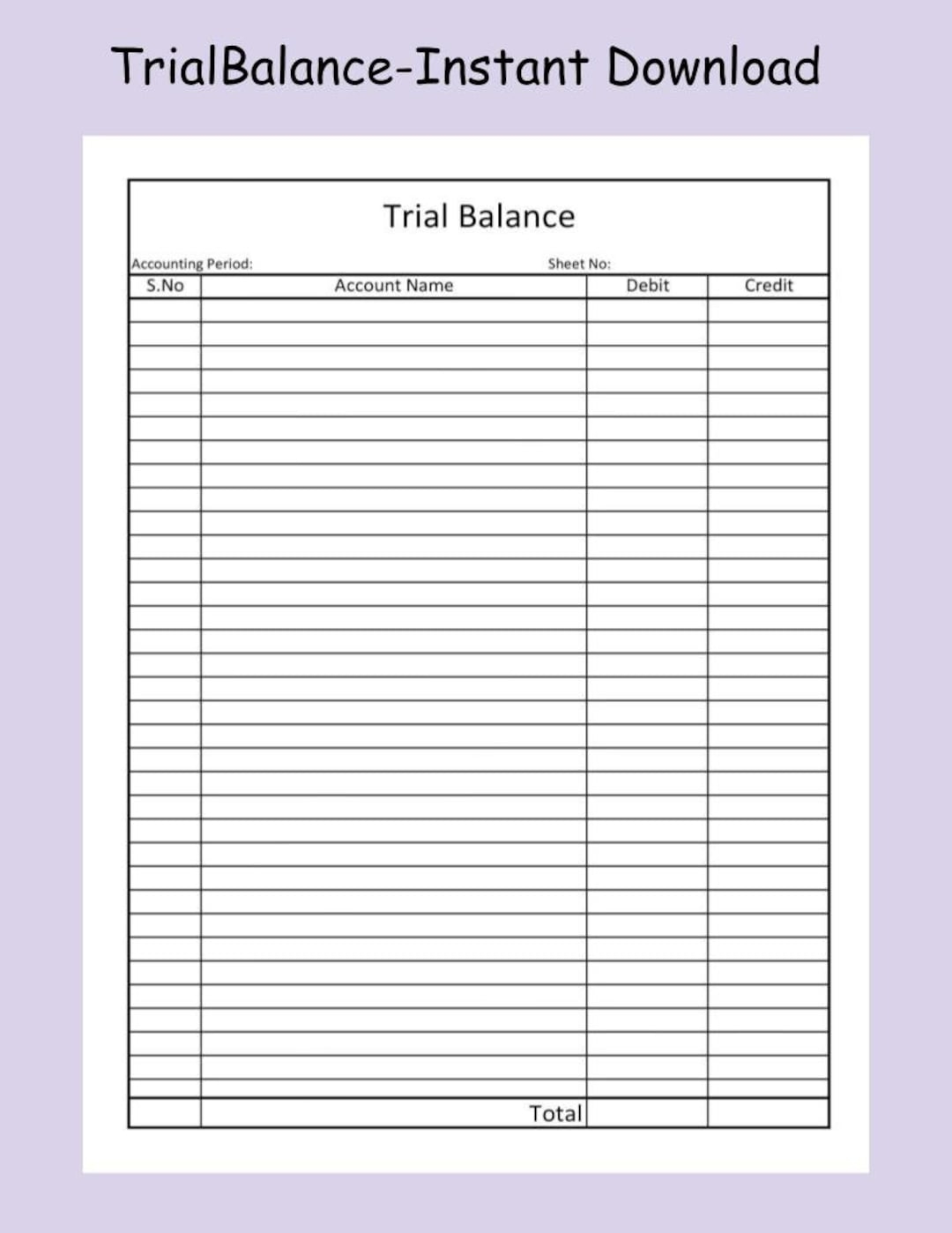 Editable Trial Balance Printable pdf And MS Excel instant Download accounting bookkeeping small Business entrepreneur Etsy