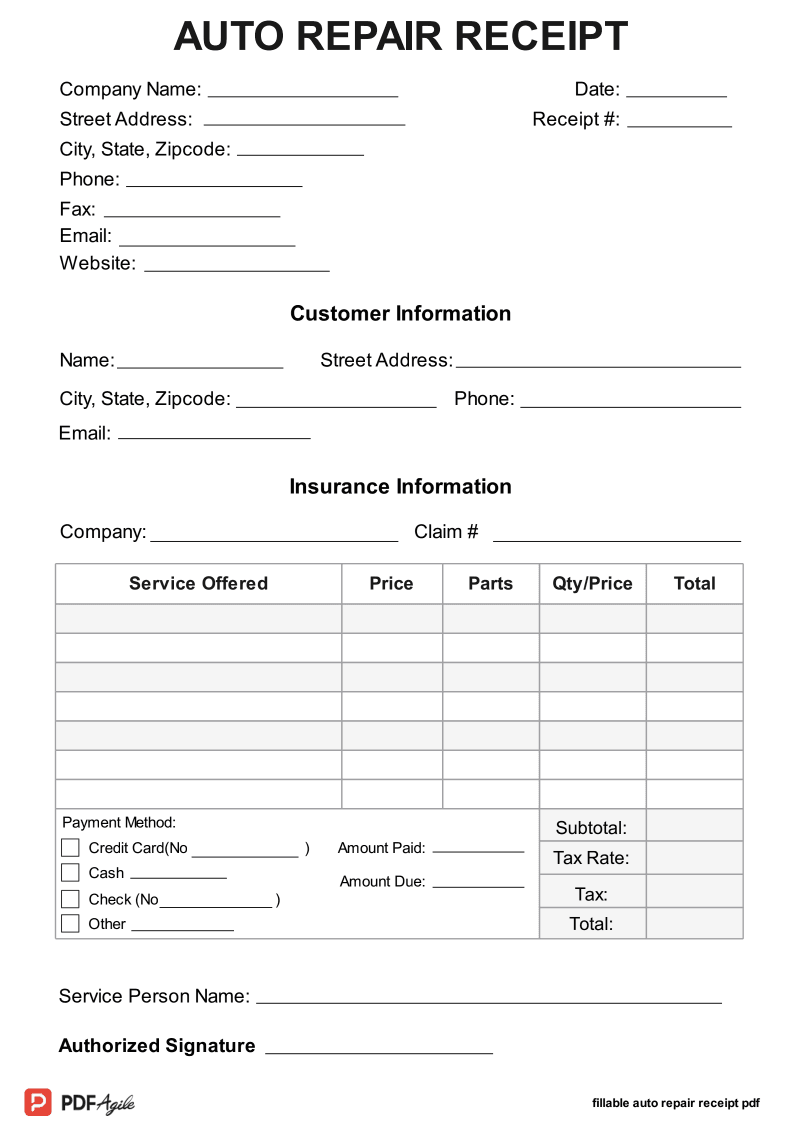 Fillable Auto Repair Receipt PDF Agile