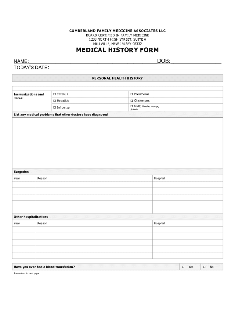 Printable Blank Medical History Form