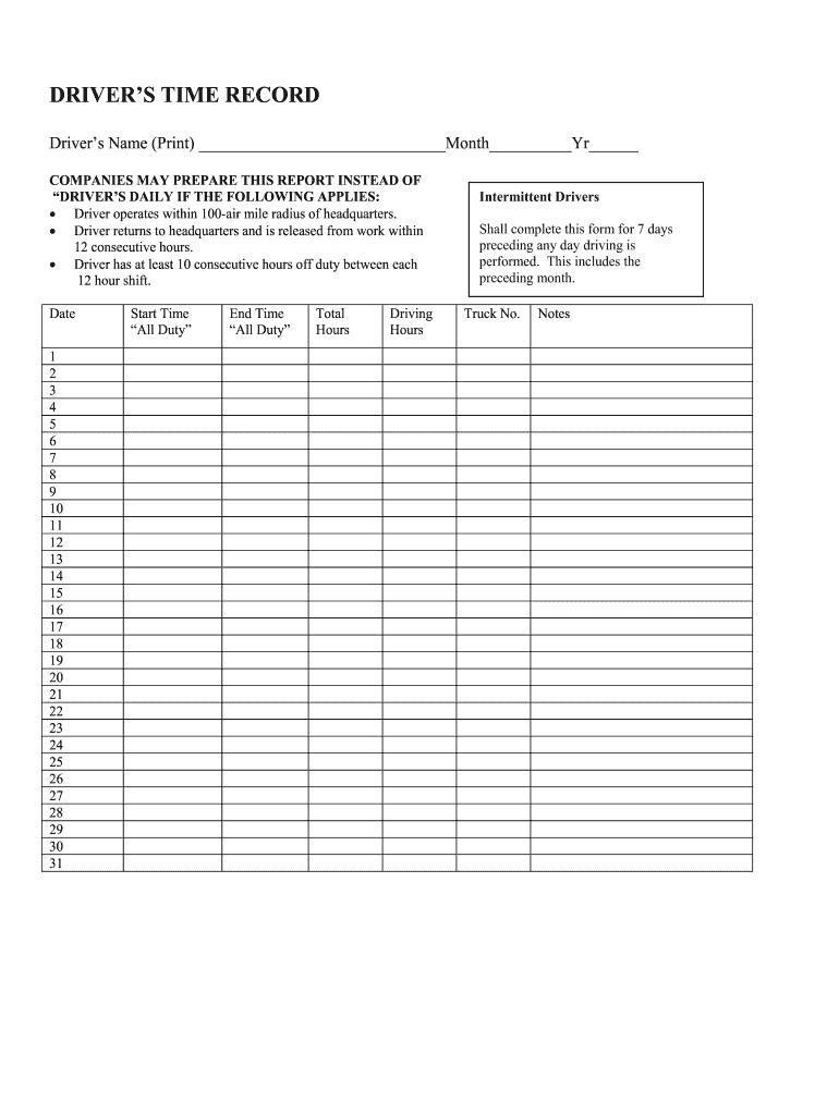 Blank Driver Log Sheet Printable