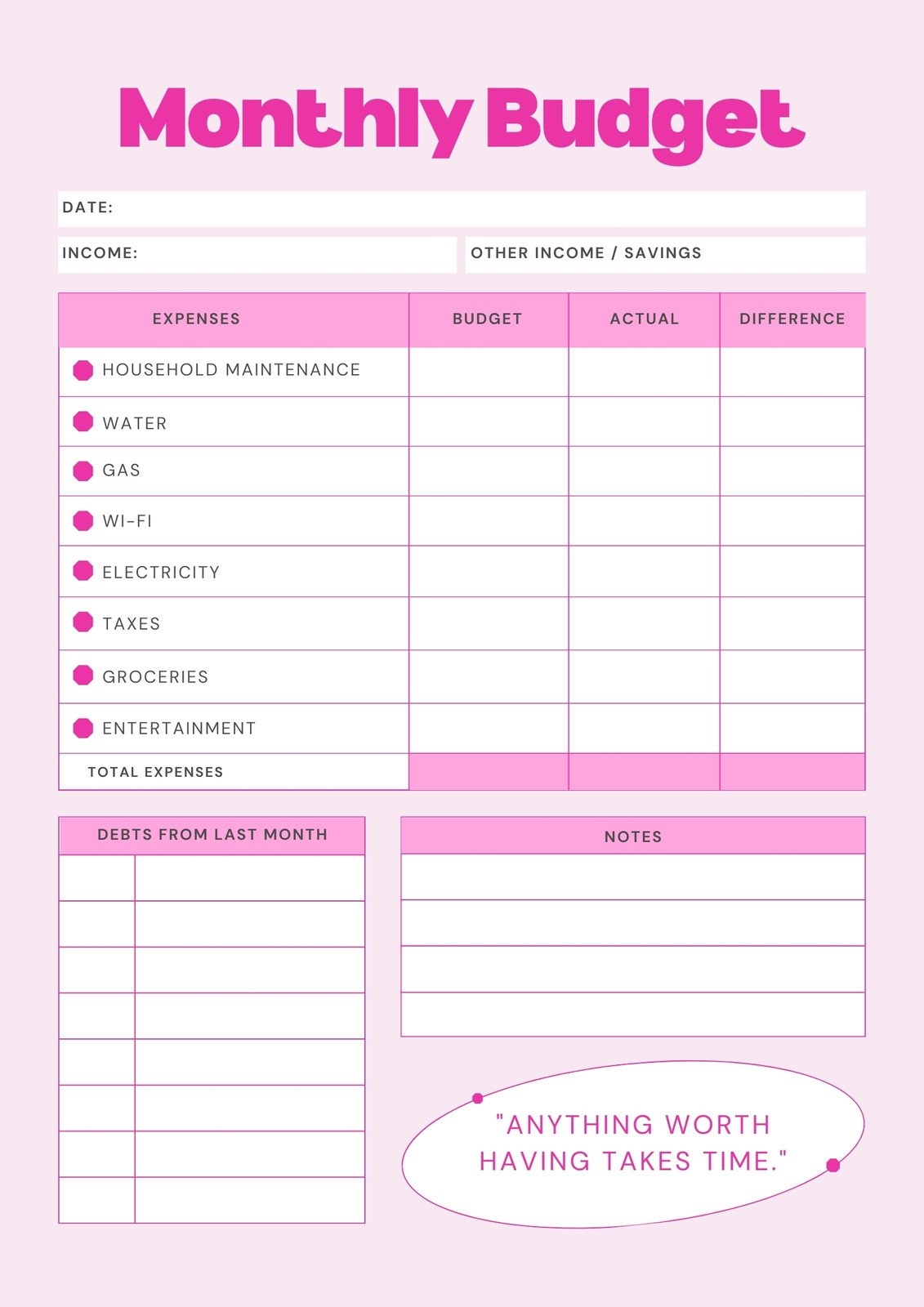 Monthly Budget Blank Editable Printable