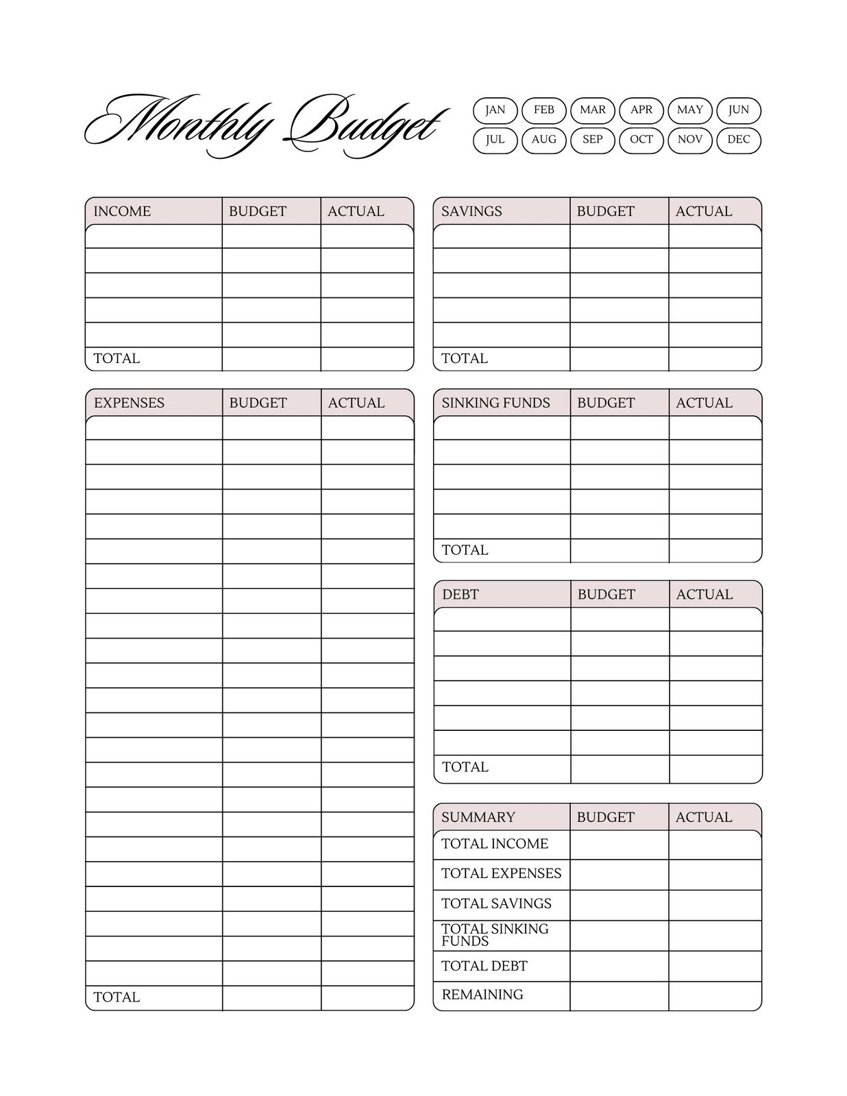 Blank Personal Budget Worksheet Printable