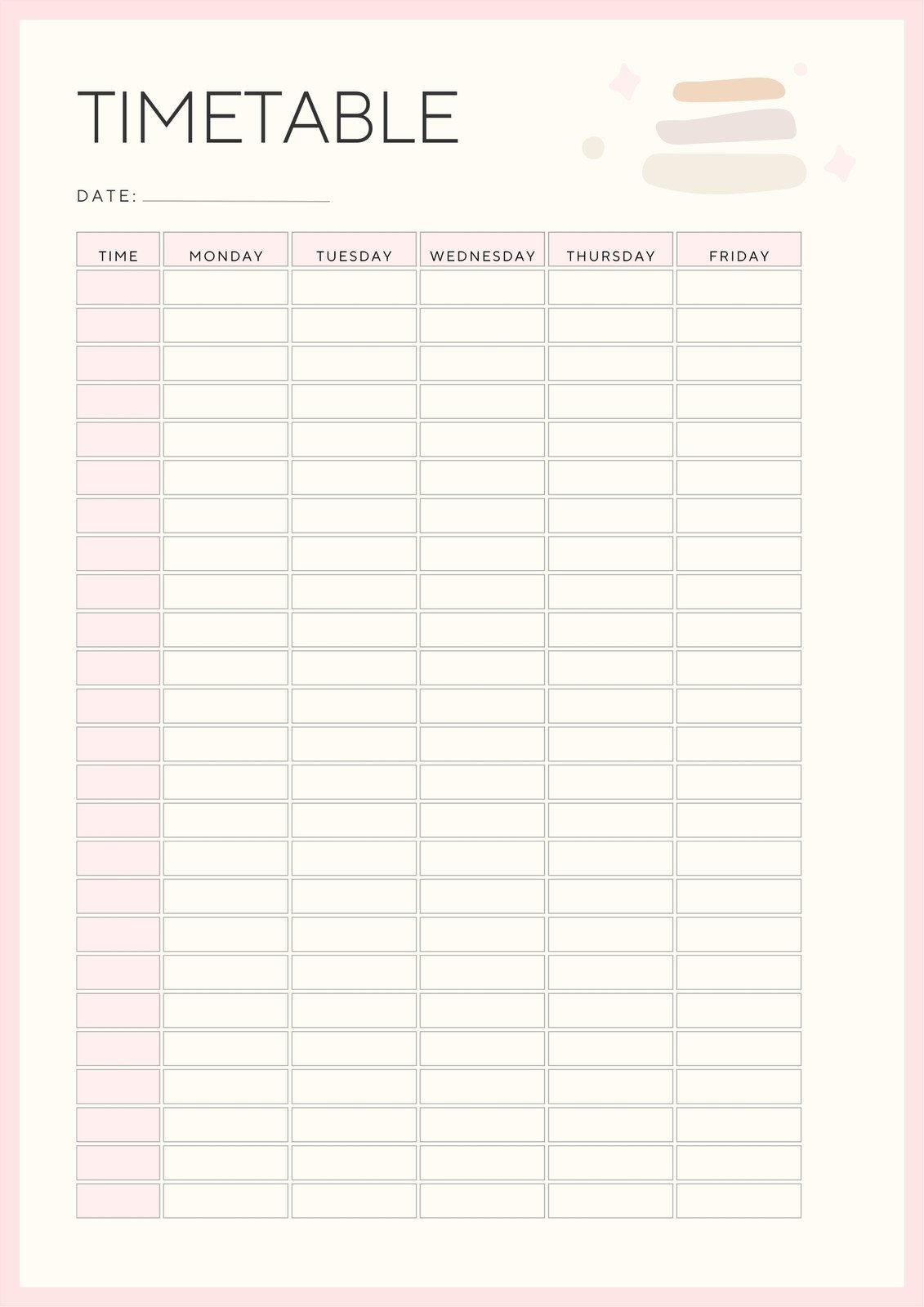 Printable Blank Time Table Chart