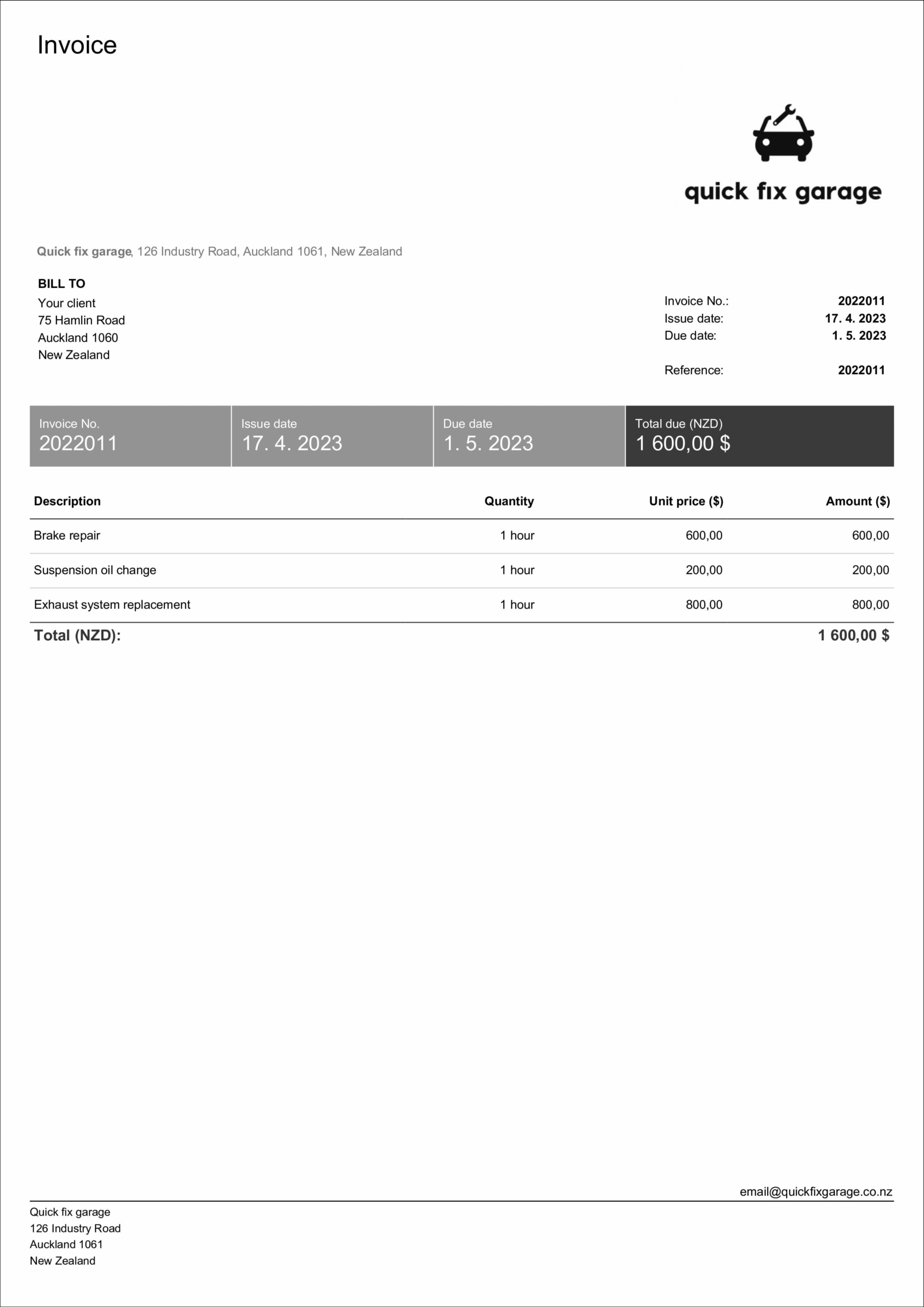 Printable Blank Auto Repair Invoice