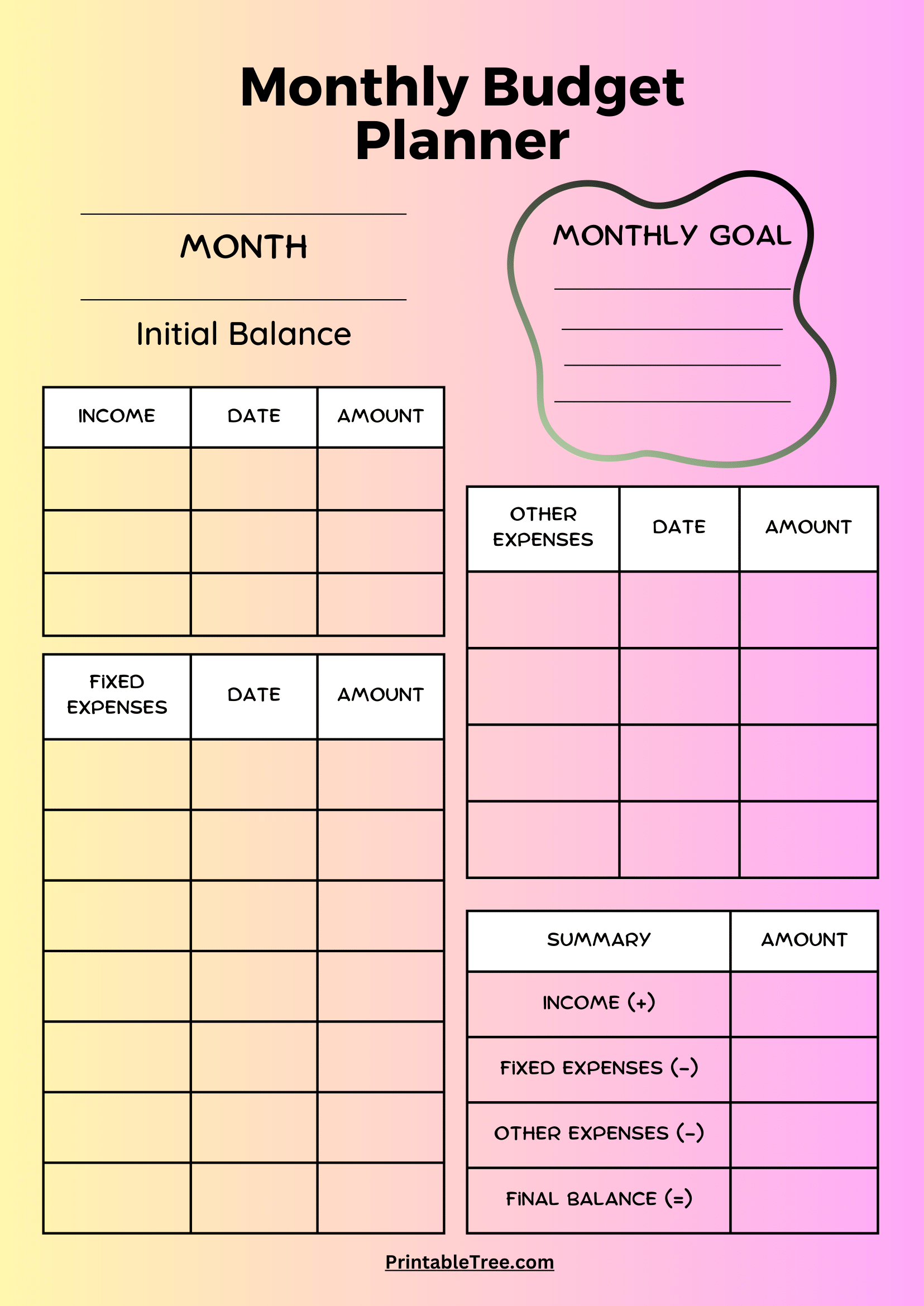 Printable Blank Monthly Budget Template