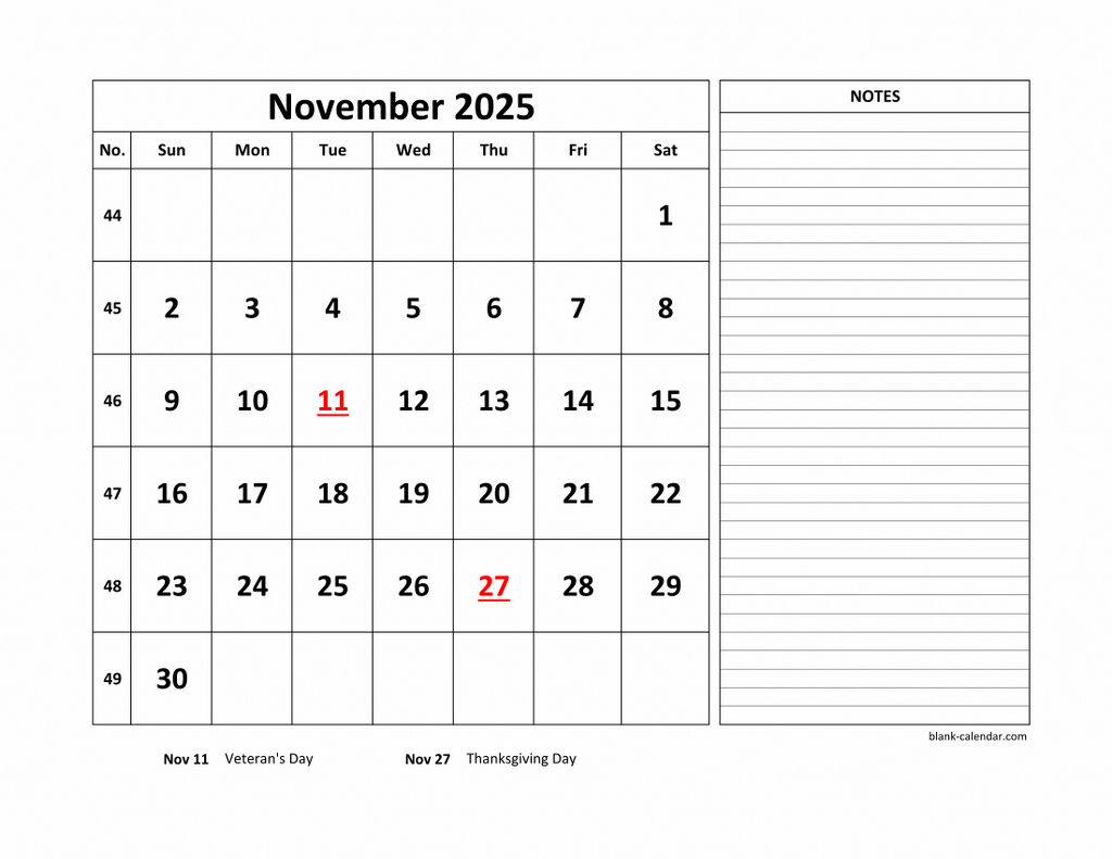 Blank Calendar 2025 November