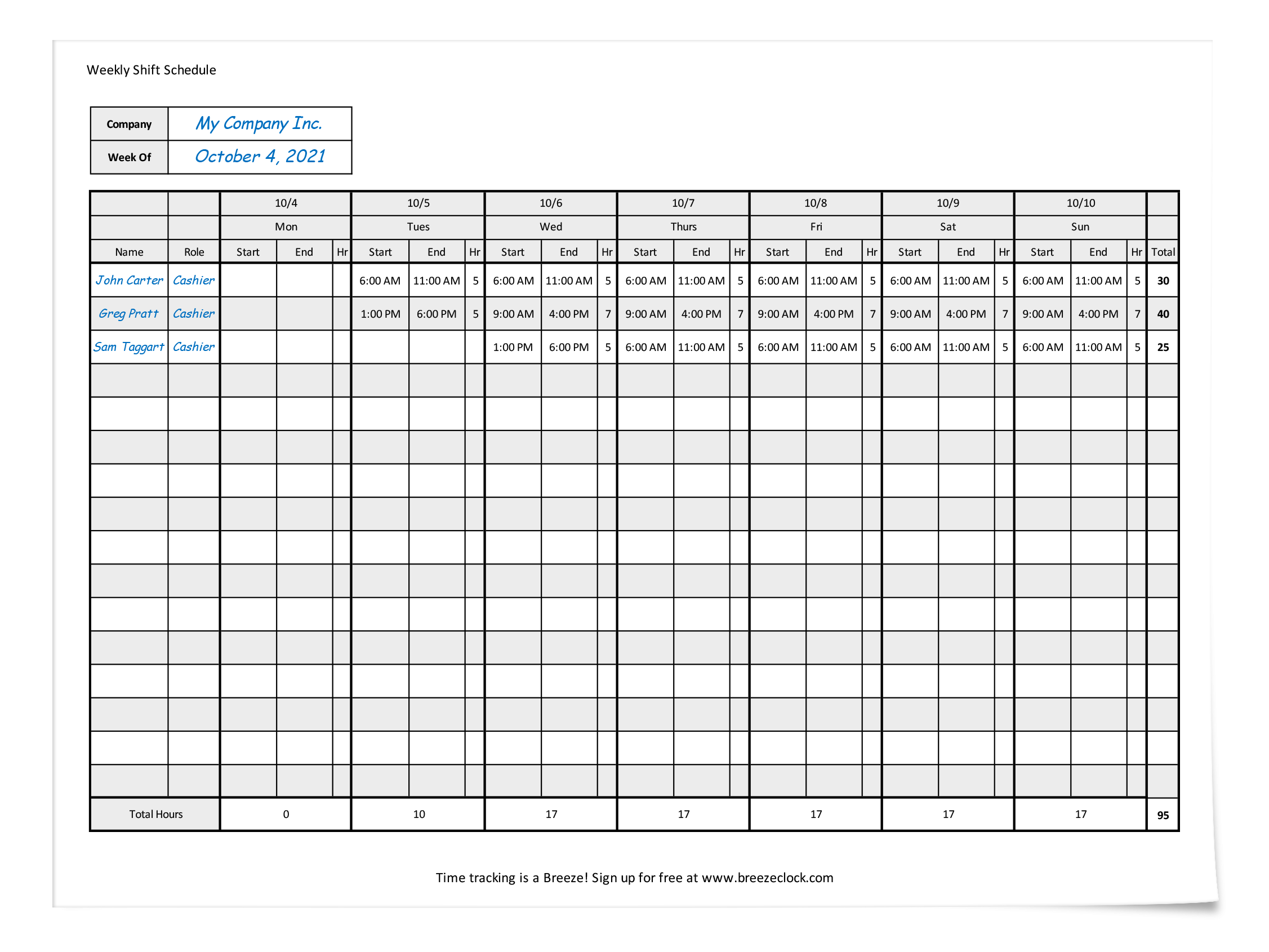 Free Employee Shift Schedule Template Breeze Clock