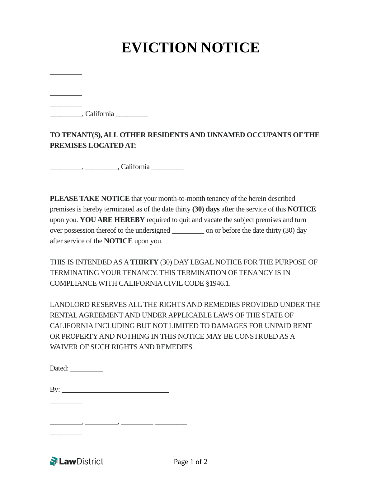Free Printable Blank Eviction Form