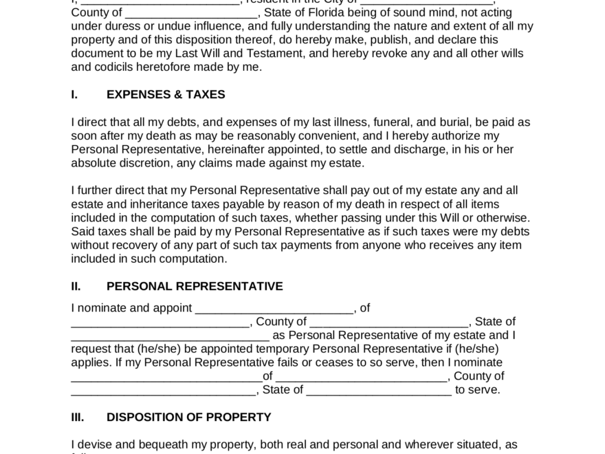 Free Florida Last Will And Testament Template PDF Word EForms