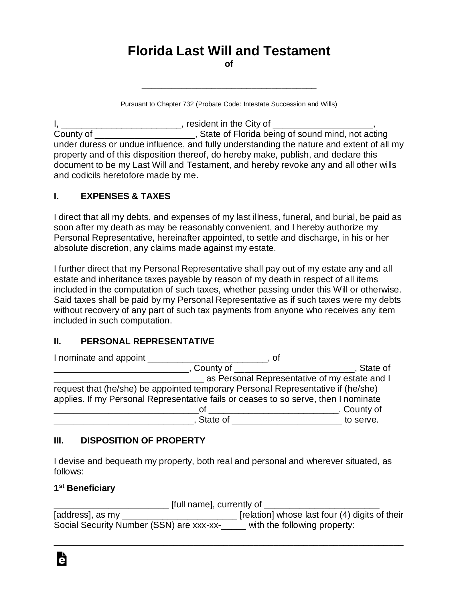 Free Florida Last Will And Testament Template PDF Word EForms
