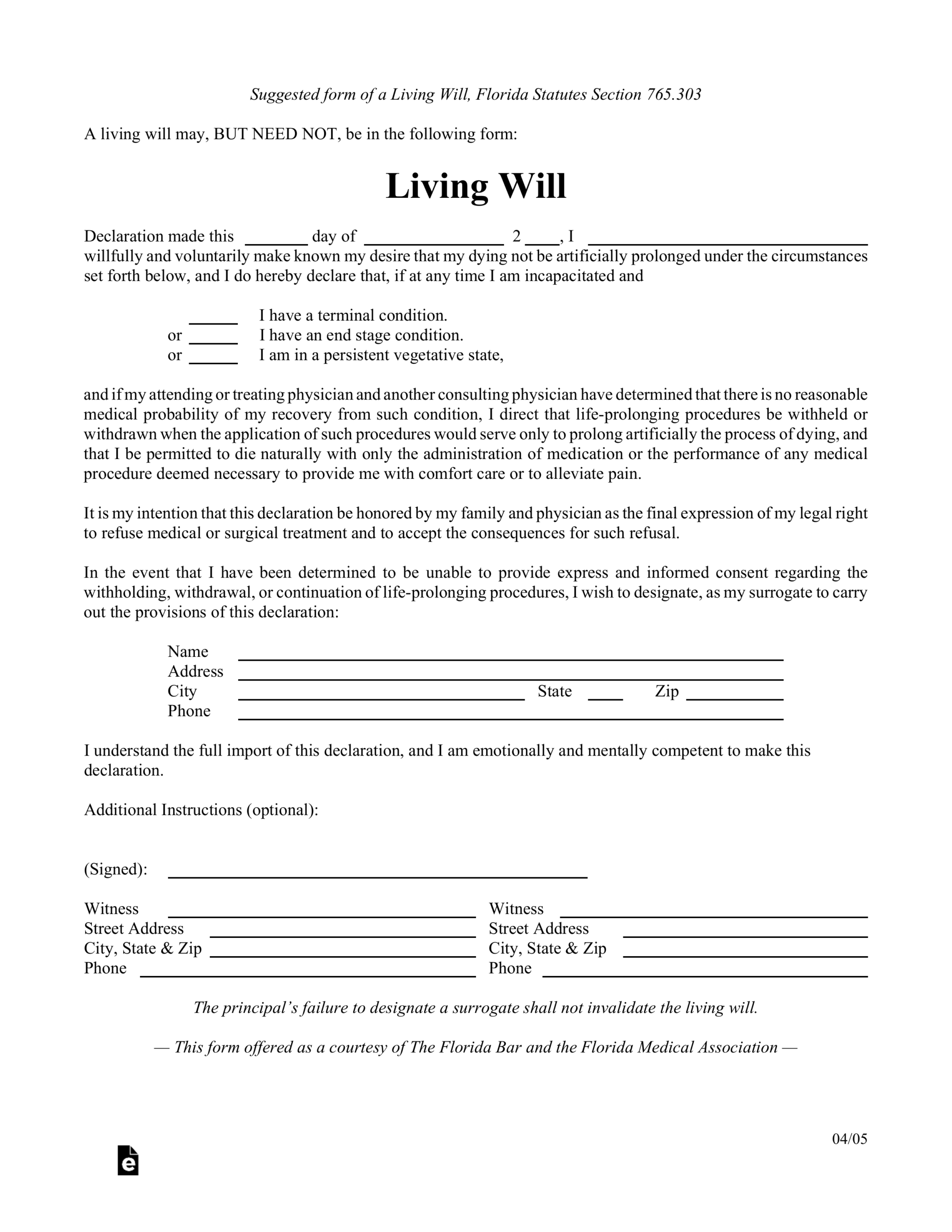 Blank Printable Living Will Forms
