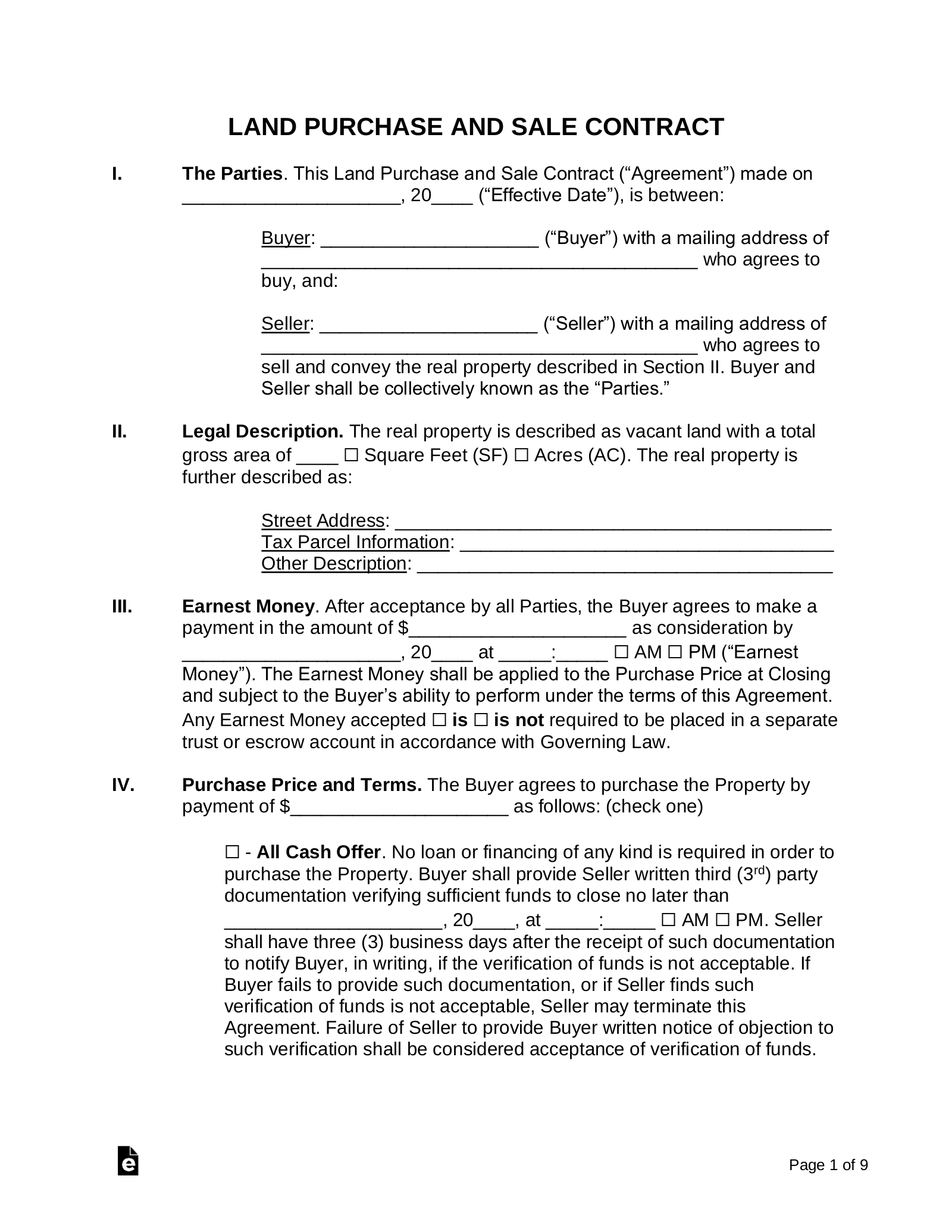 Free Land Contract Template Residential Commercial PDF Word EForms