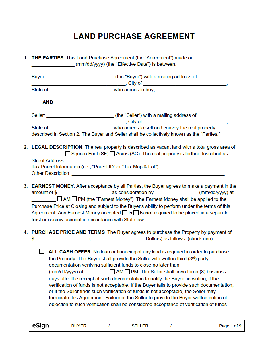 Free Land Purchase Agreement PDF Word