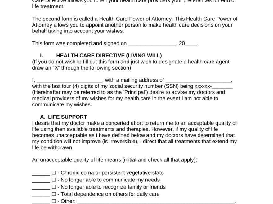 Free Living Will Form Health Care Directive PDF Word EForms