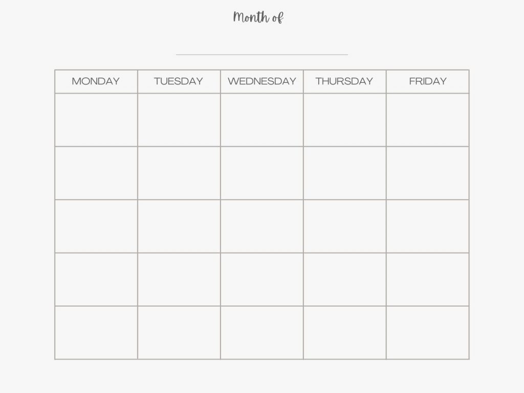 Free Monday Through Friday Printable Calendar Weekly And Monthly