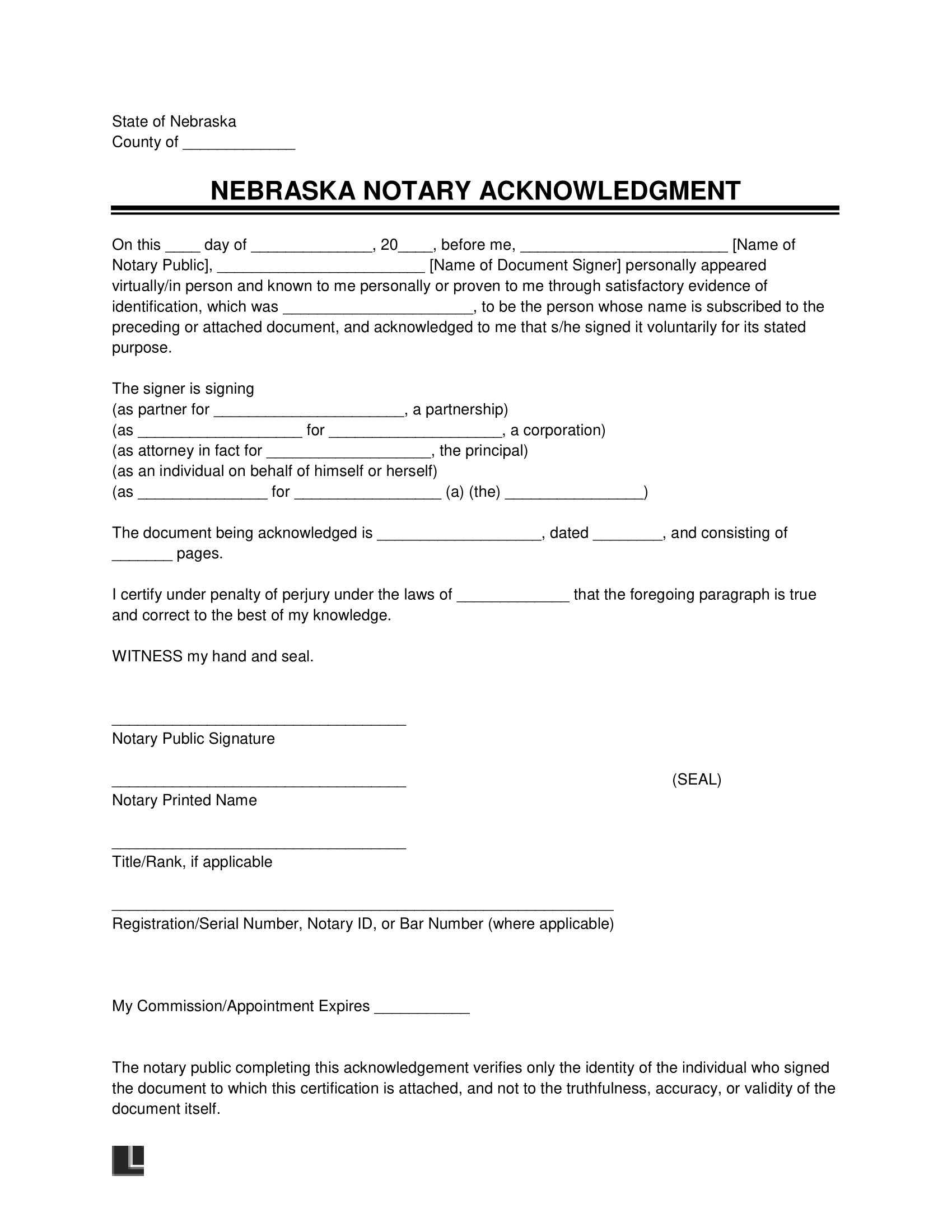 Free Nebraska Notary Acknowledgment Form PDF Word