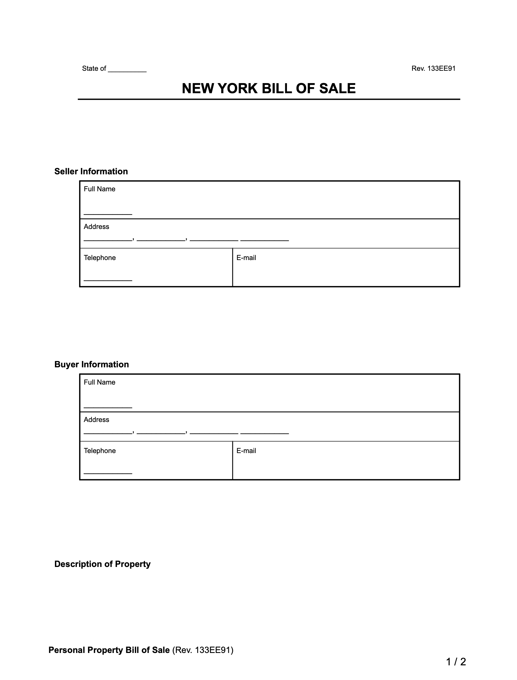 Bill Of Sale Blank Printable