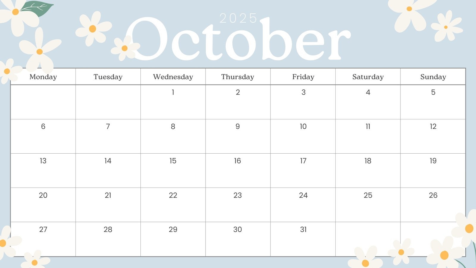 Blank Calendar 2025 October