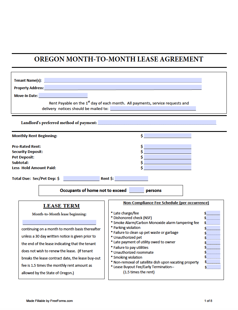 Blank Printable Oregon Lease Agreement