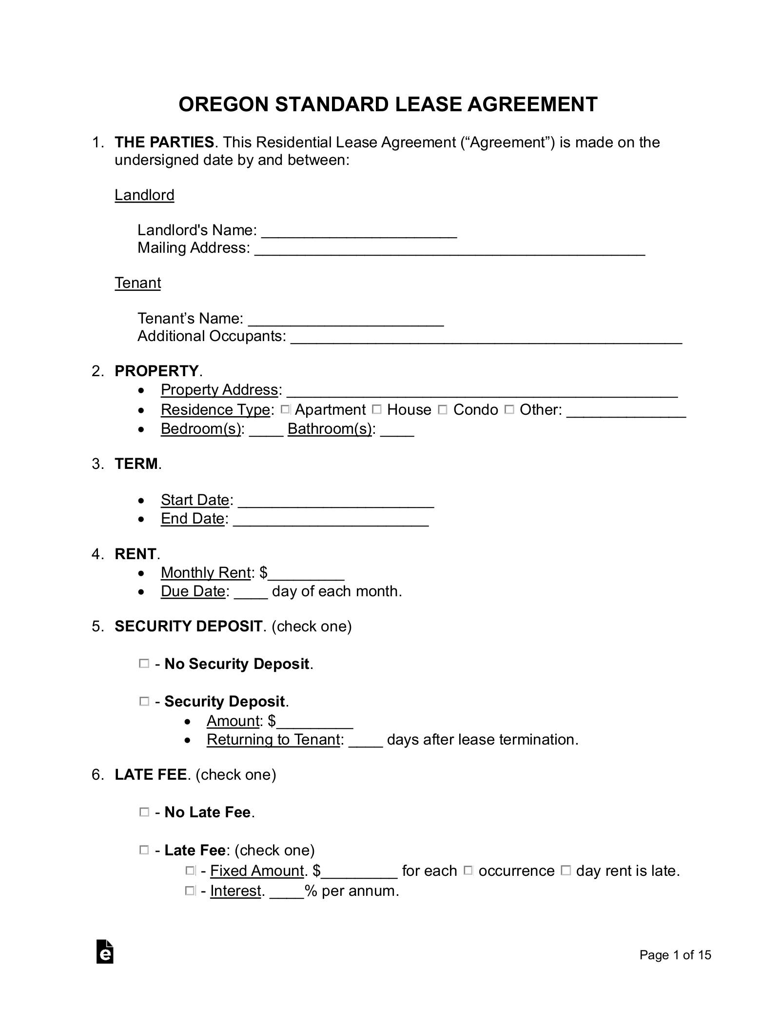 Free Oregon Standard Residential Lease Agreement PDF Word EForms