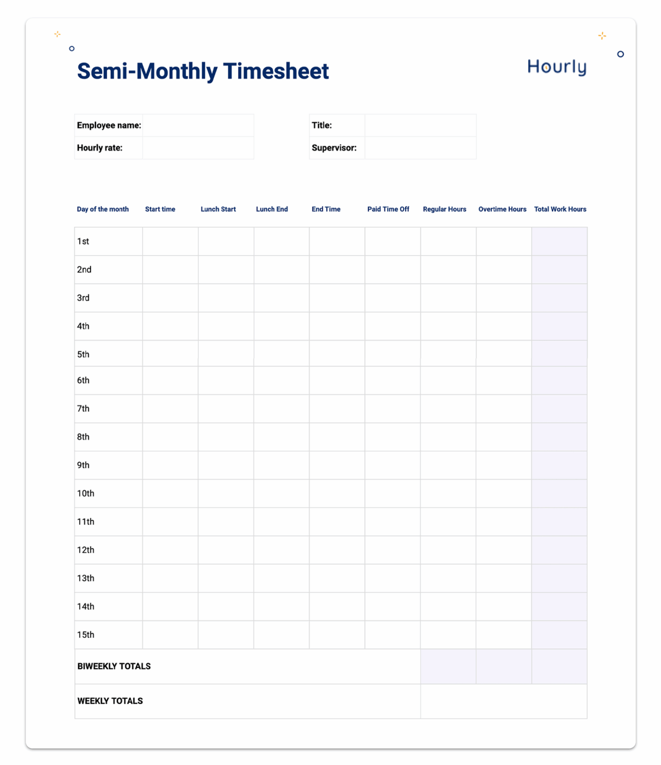 Blank Monthly  Time Sheets Printable