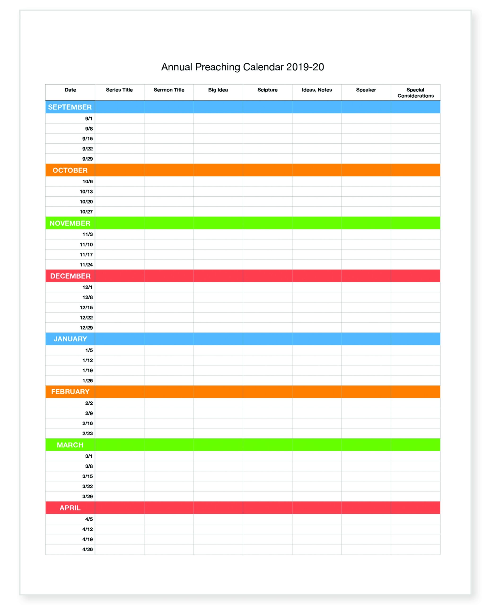 FREE Preaching Calendar Template Dave DeSelm Ministries