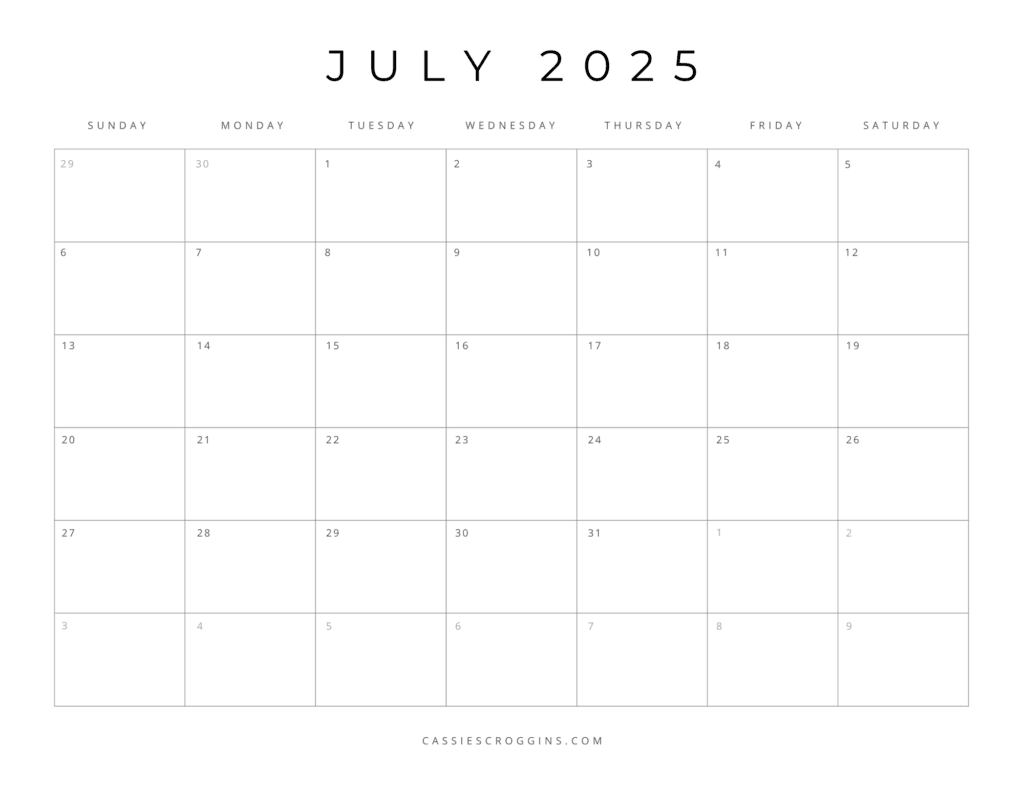 Blank Calendar July 2025 Printable