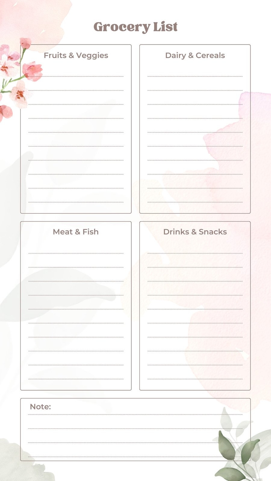 Printable Blank Catagory Grocery List