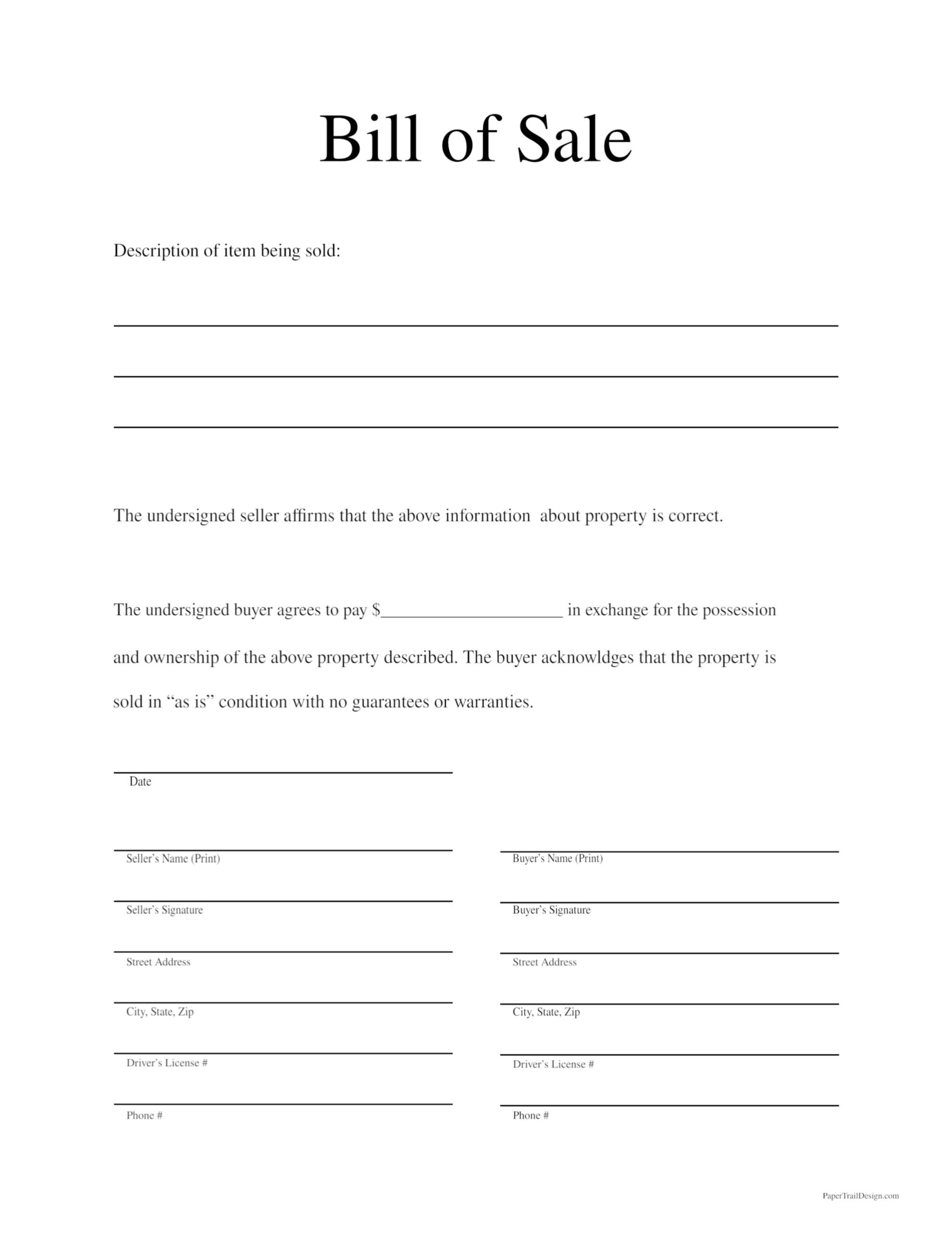 Printable Blank Bill Of Sale