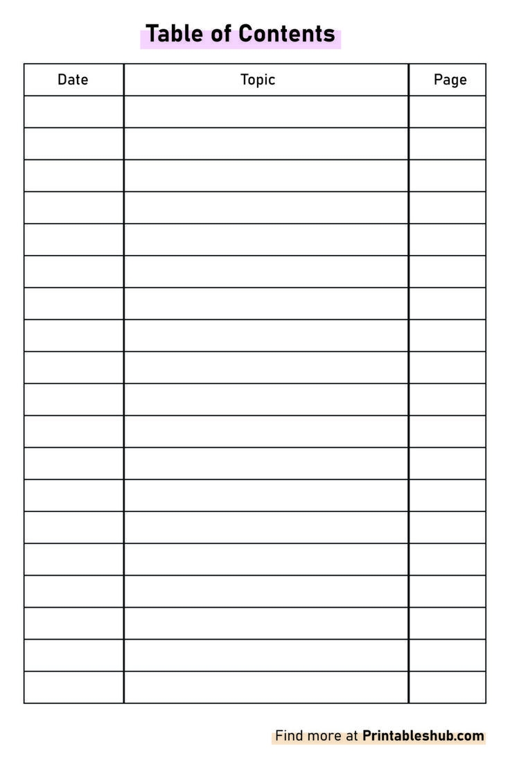 Free Printable Blank Table Of Contents Template PDF Included 