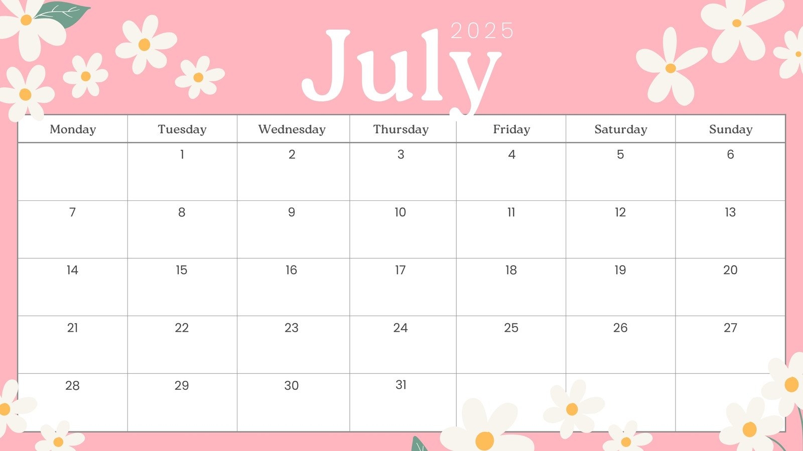 Blank Calendar Printable July 2025