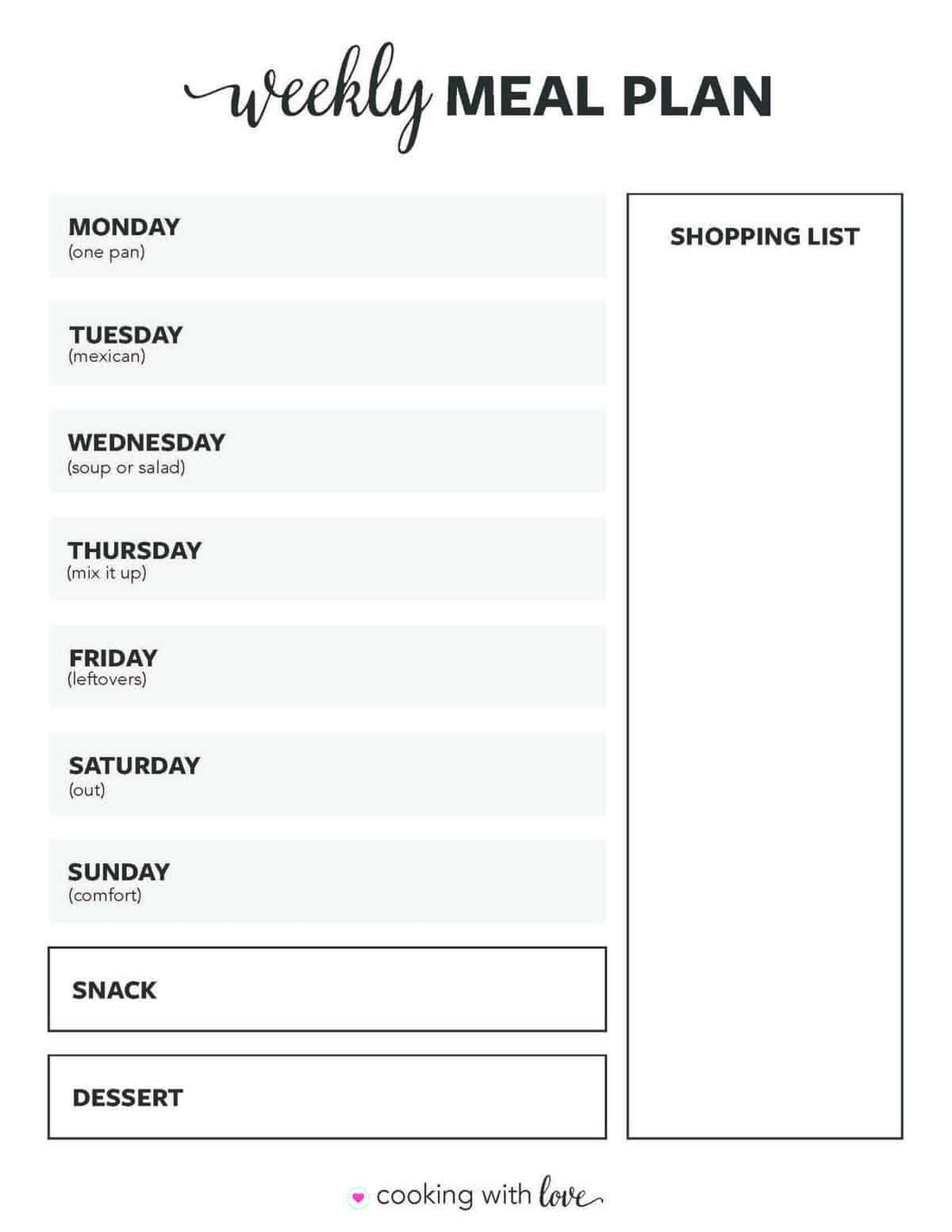 Blank Weekly Menu Template Printable