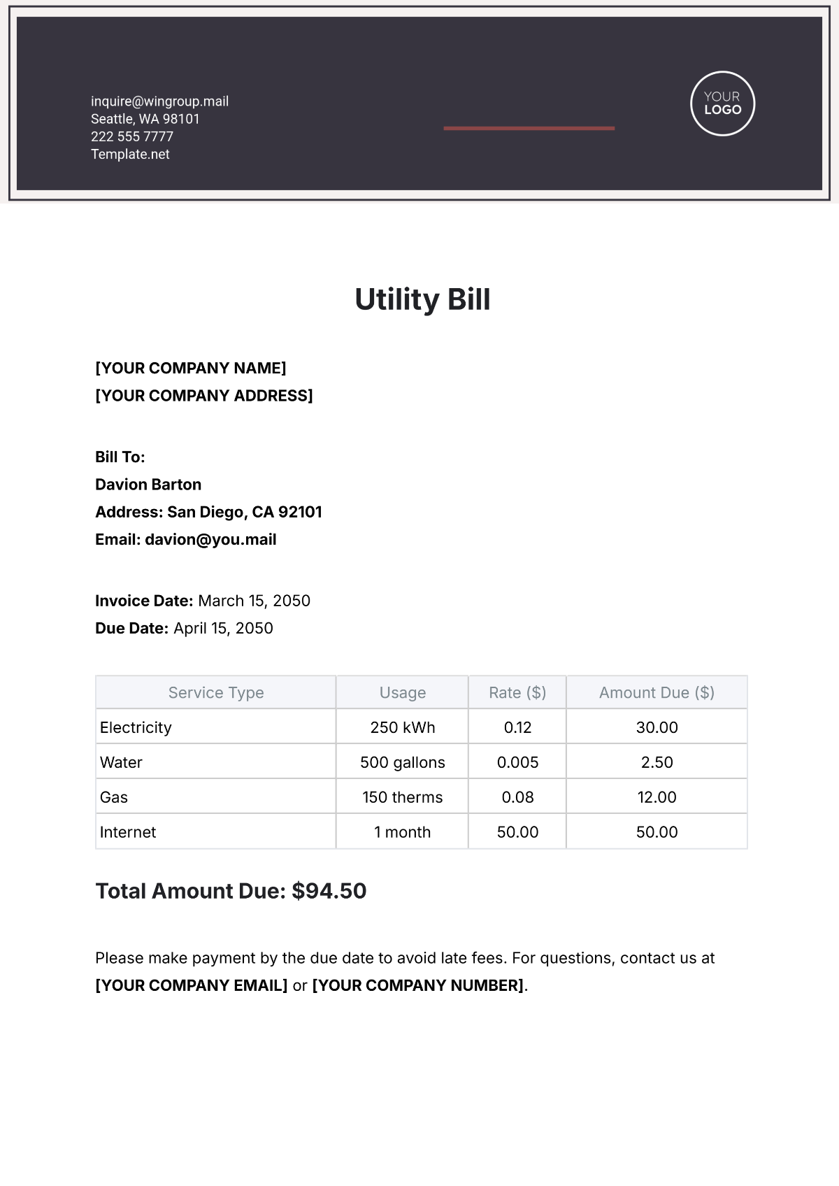 Printable Blank Utility Bill Template