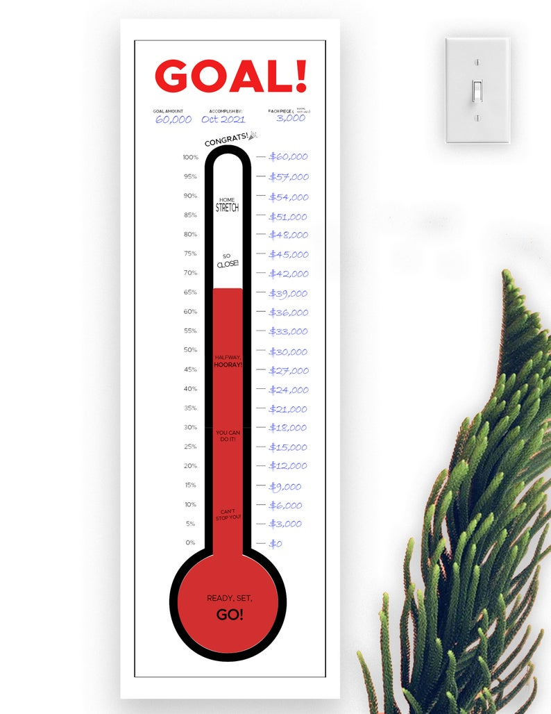 GIANT GOAL Thermometer Chart Tracker Download Print Poster Savings Fundraising Money Budget Plan Fund Etsy