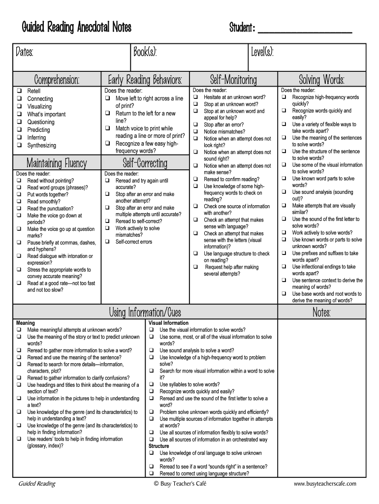 Guided Reading Anecdotal Notes Template Fill Online Printable Fillable Blank PdfFiller