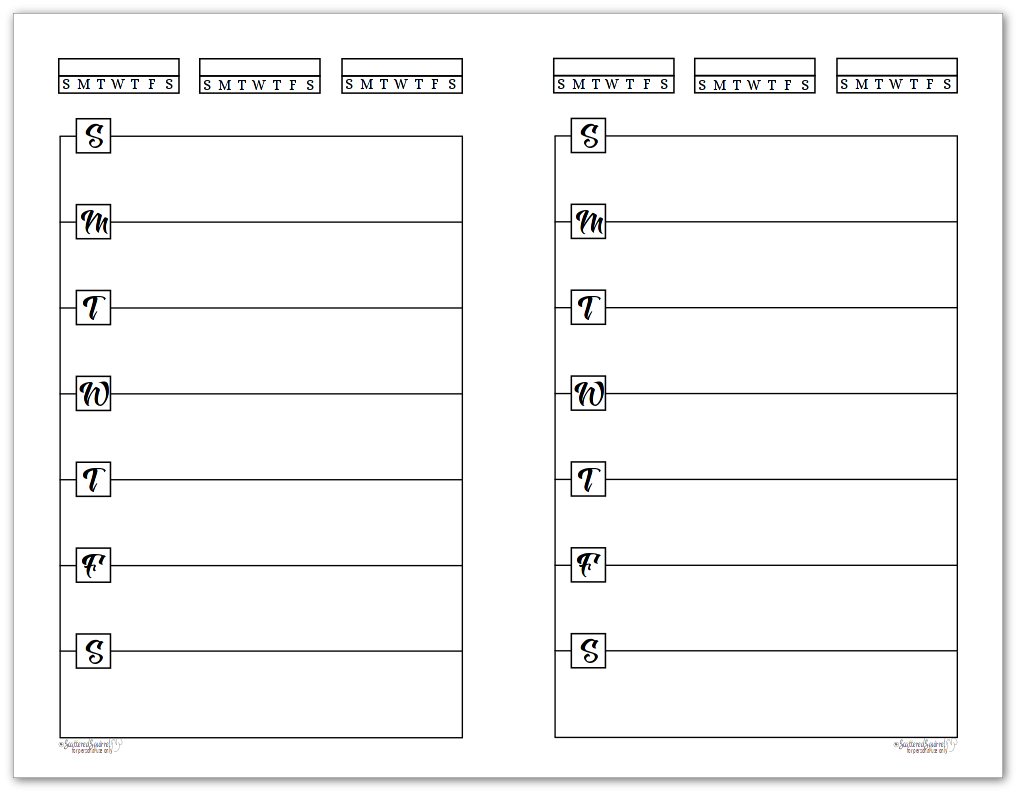 Half Size Black And White Weekly Planner Printables