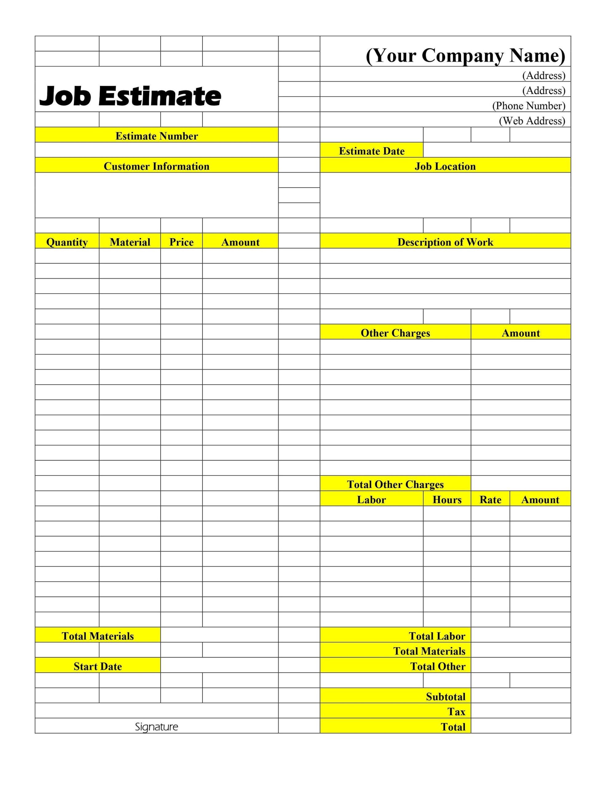 Blank Printable Contractor Estimate Template