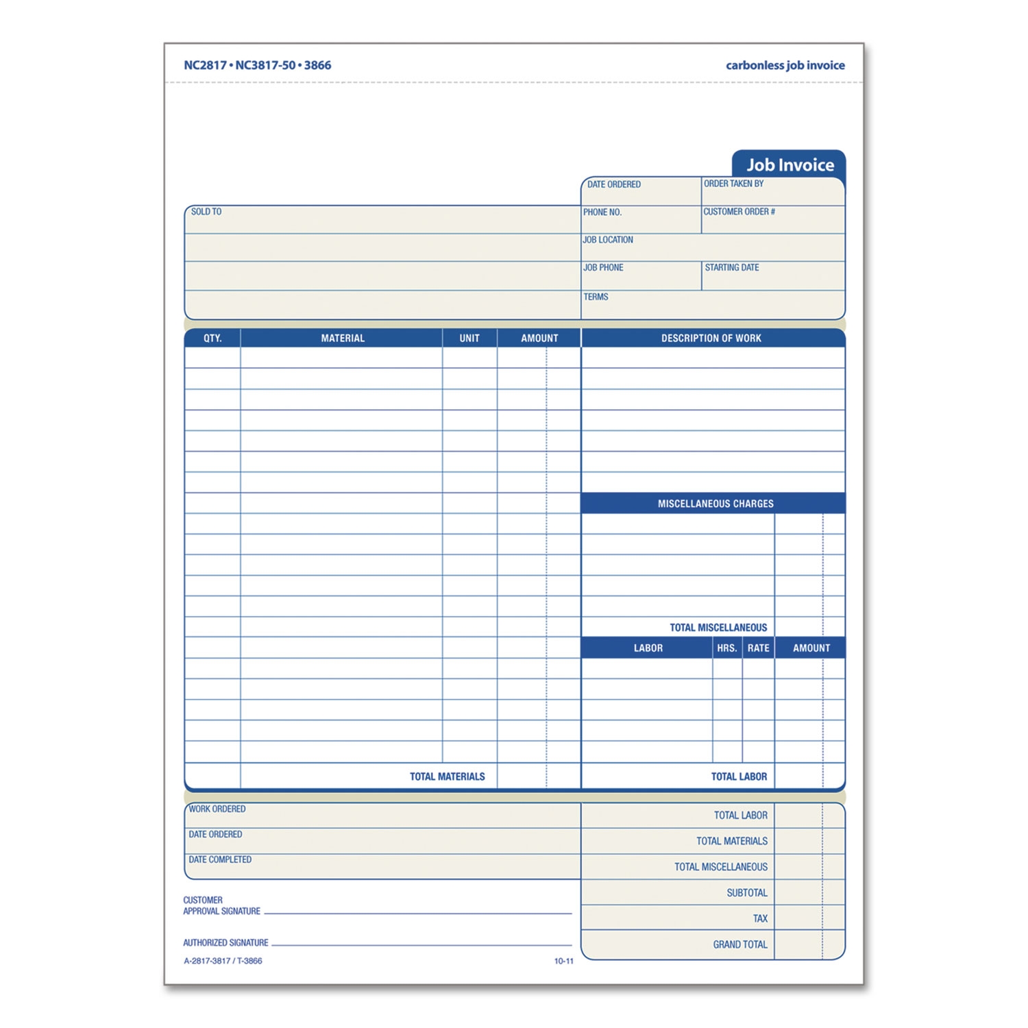 Job Invoice Snap Off Triplicate Form Three Part Carbonless 8 5 X 11 63 50 Forms Total Zerbee