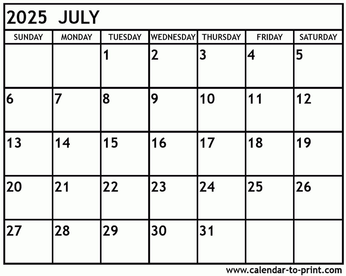 Blank Calendar Template July 2025