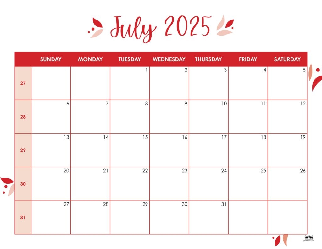 Printable Blank Calendar July 2025