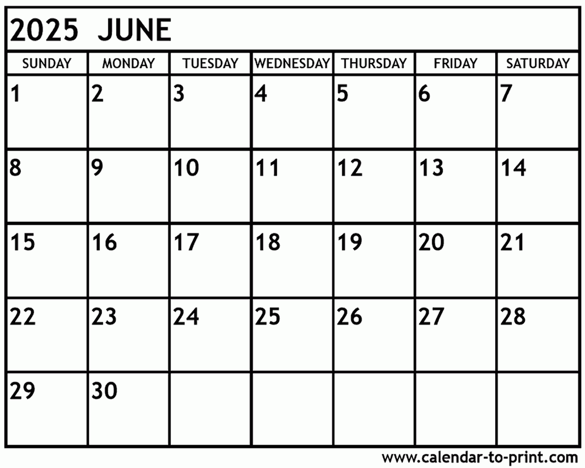 Blank Calendar June 2025 Free Printable