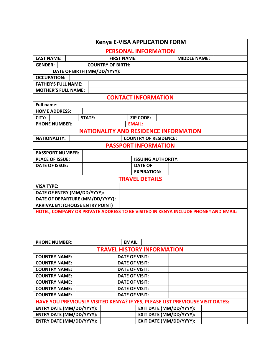 Printable Blank Kenya Tourist Visa