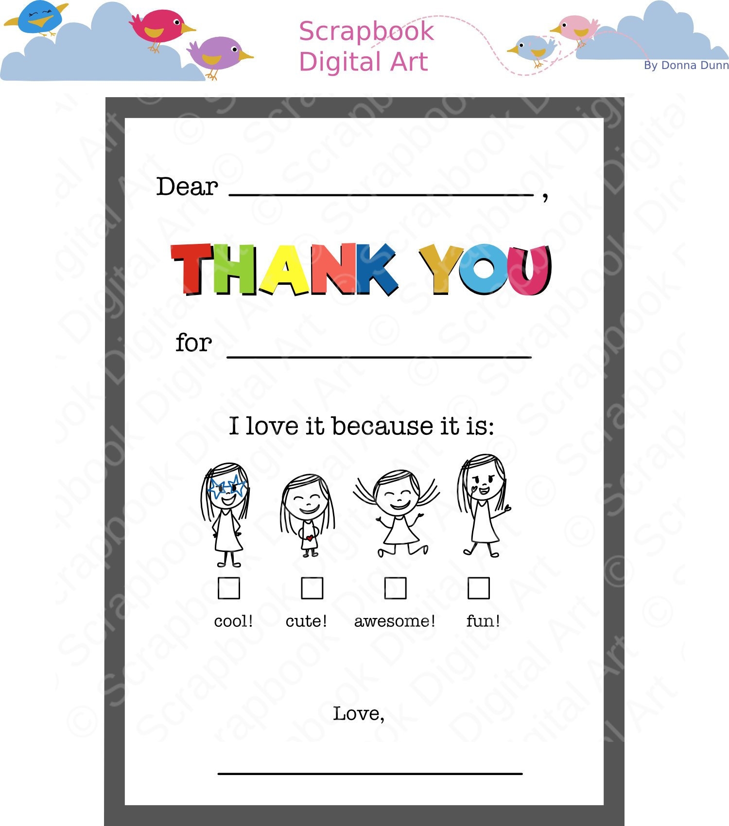 Kids Fill In The Blank Thank You Cards Printable Thank You Flat Card Thank You Note Printable Etsy