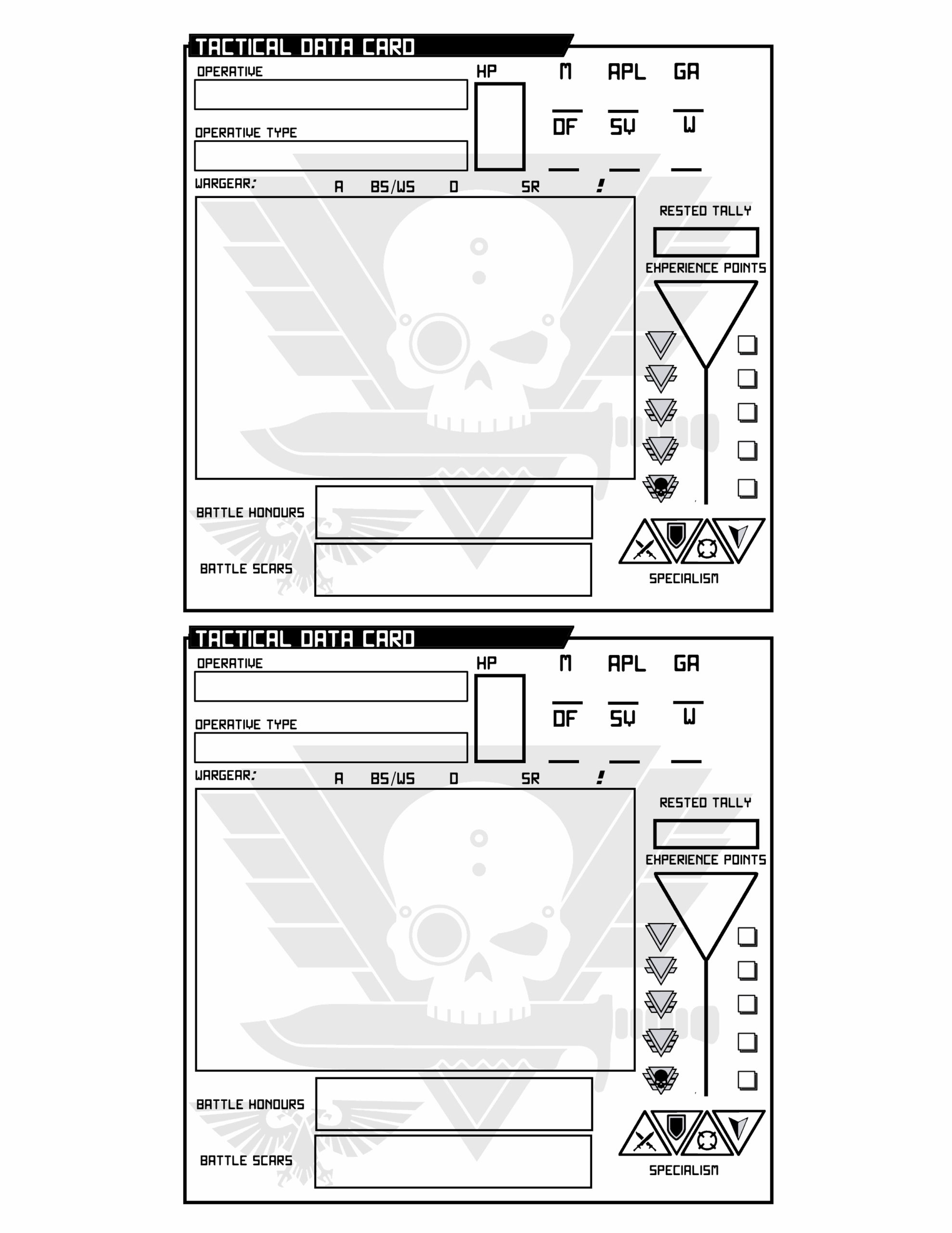 Kill Team Blank Datacards Printable