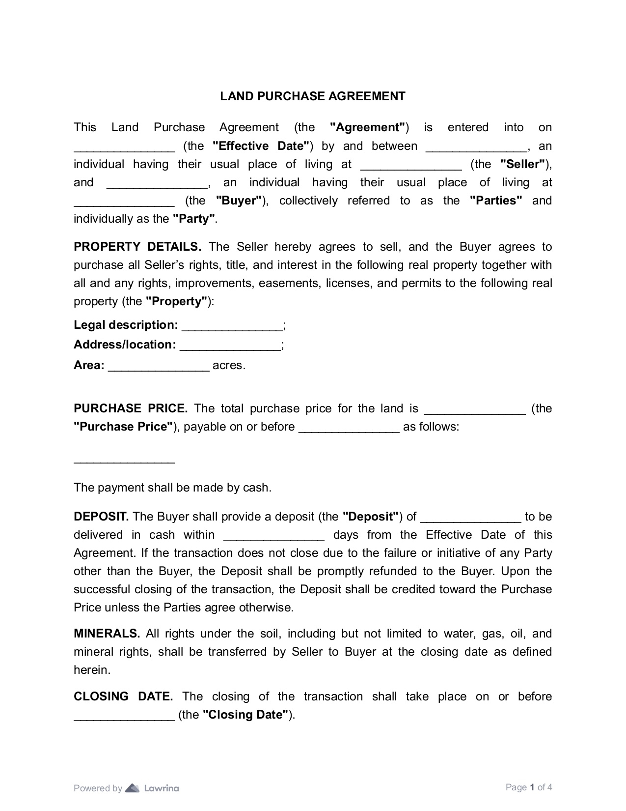 Land Purchase Agreement Template PDF Lawrina
