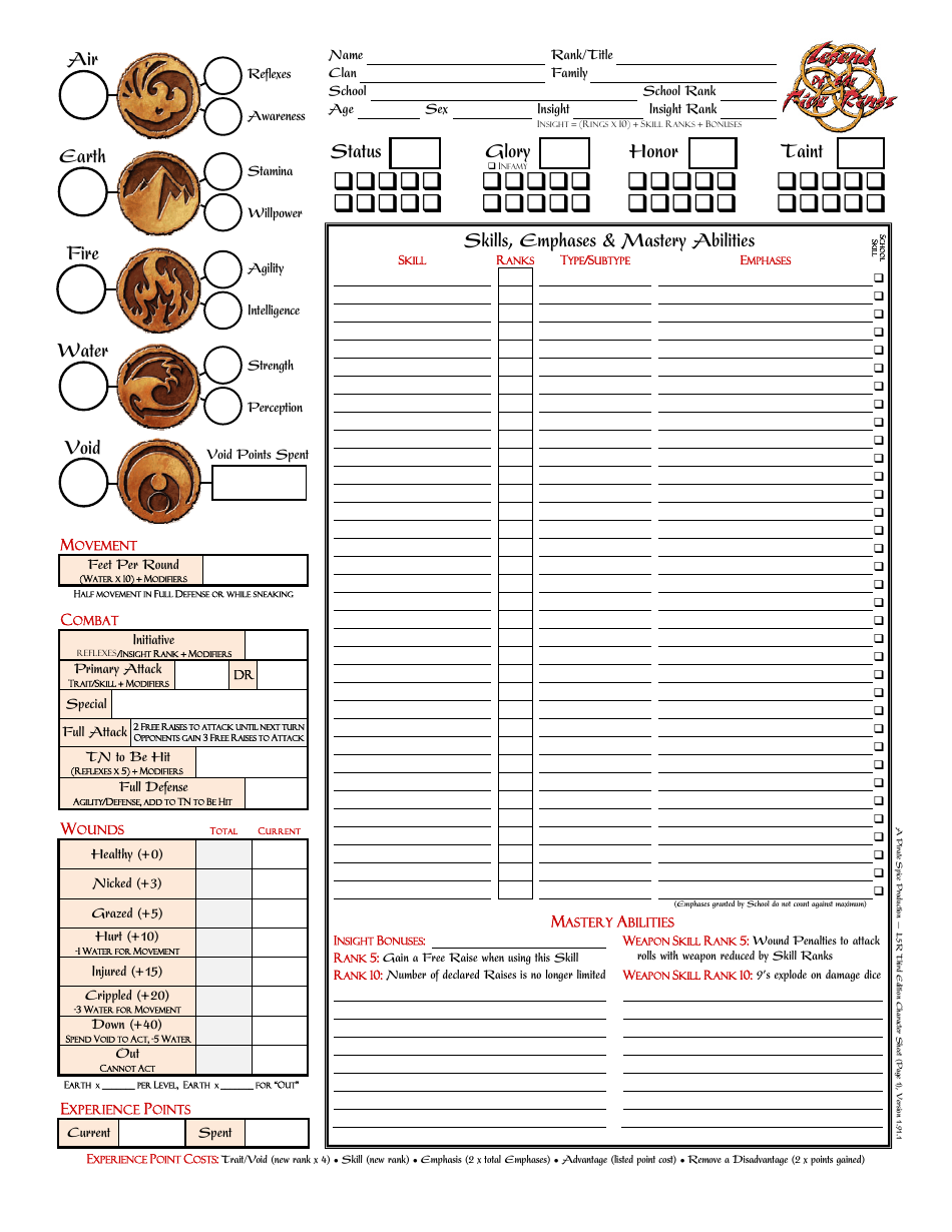 Legend Of The Five Rings Third Edition Character Sheet Download Printable PDF Templateroller