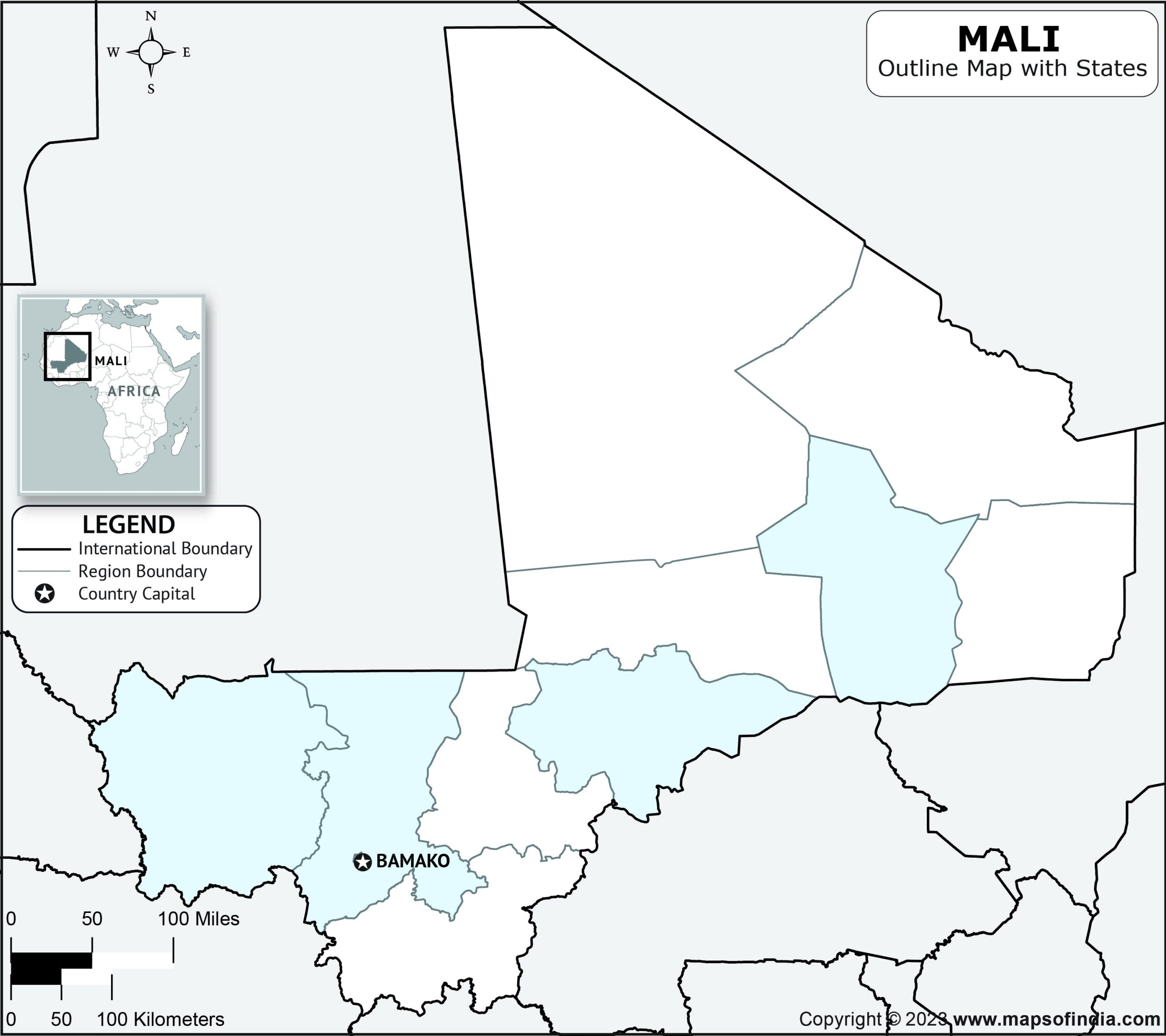 Mali Outline Map Mali Outline Map With State Boundaries