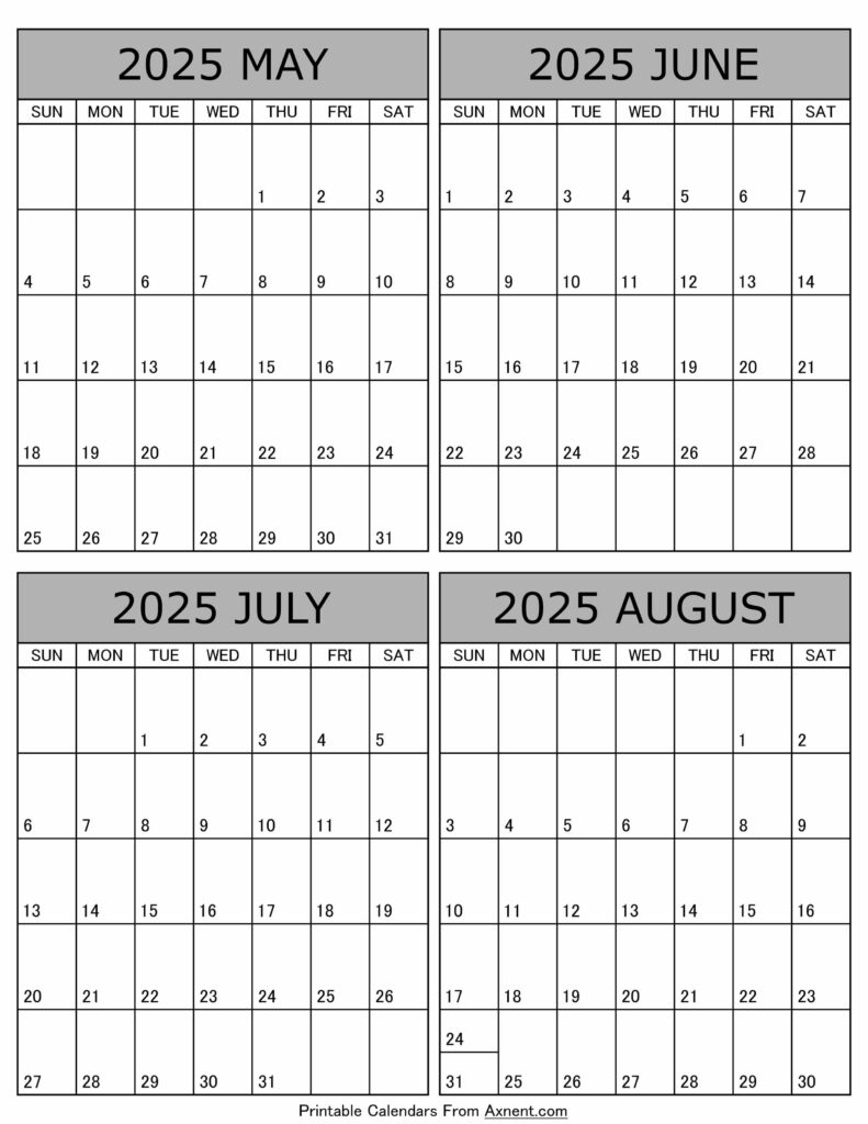 Blank Calendar June July August 2025
