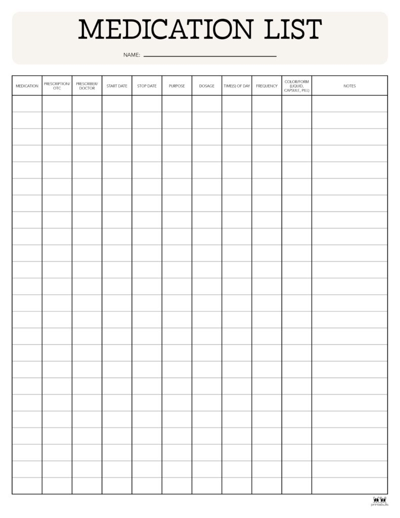 Medication List Templates 25 FREE Printables Printabulls